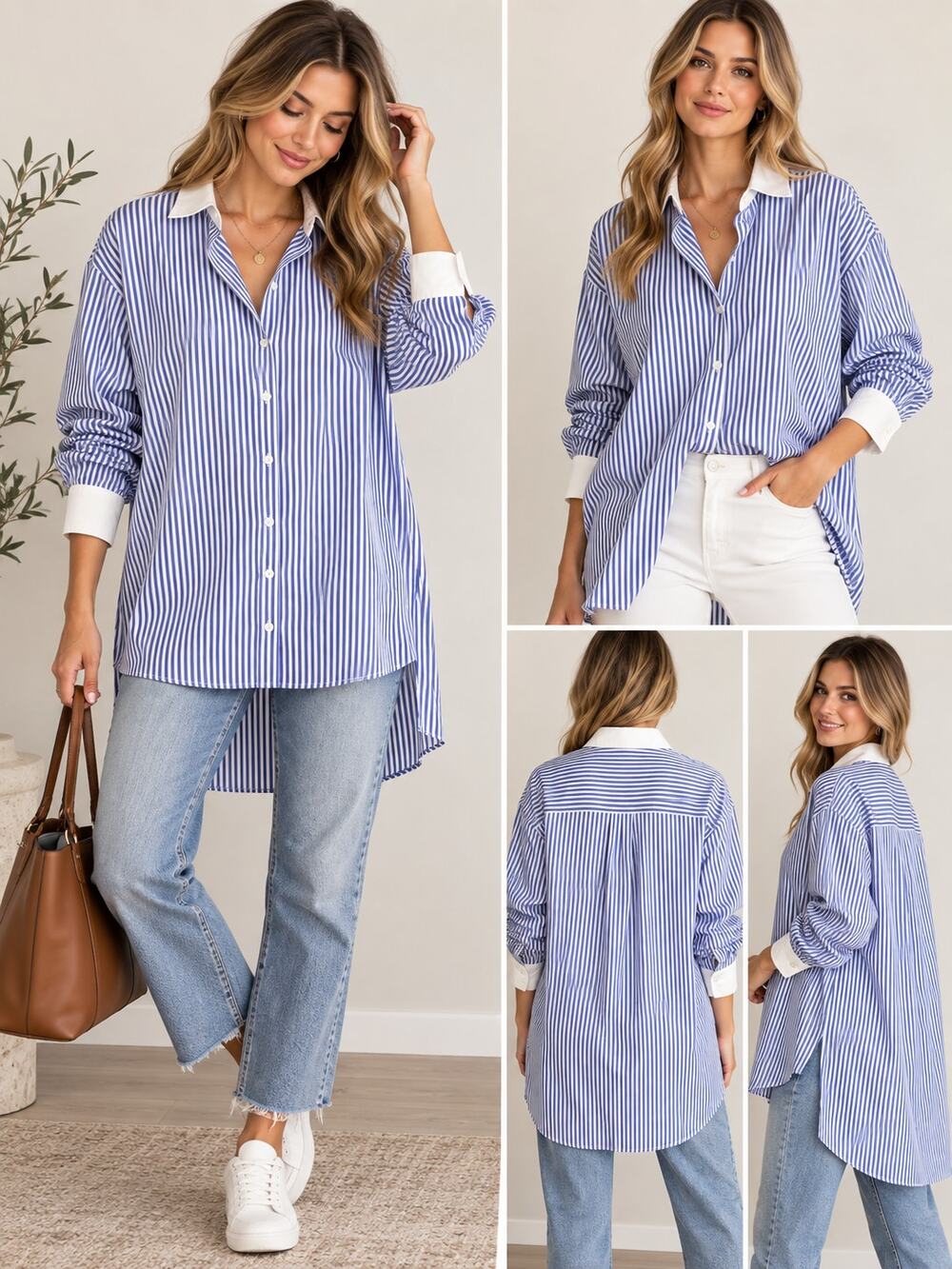 SPANX Womens XL Blue White Stripe Button Down Shirt Oversized Tunic NWT